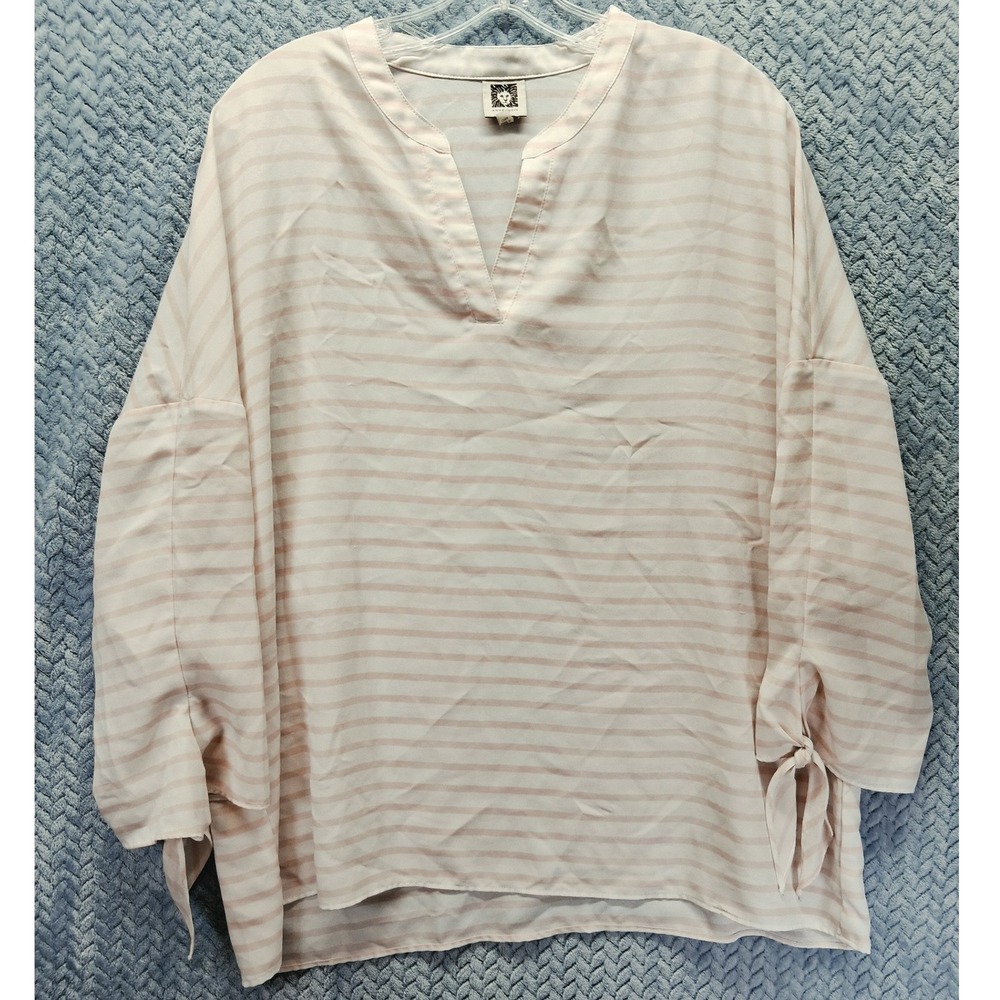 Anne Klein Pink White Striped V-Neck Blouse Tie Cuff Oversized XL